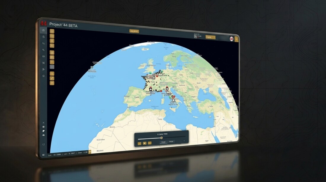 Frame 44 Atlas's globe map view, showing Project '44 BETA with mapped positions across Western Europe