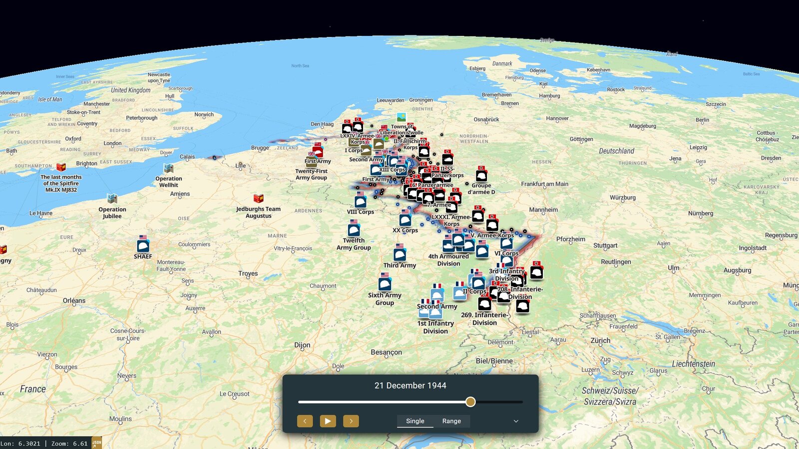 The Project '44 web map showing mapped unit positions across Western Europe, dated 21 December 1944